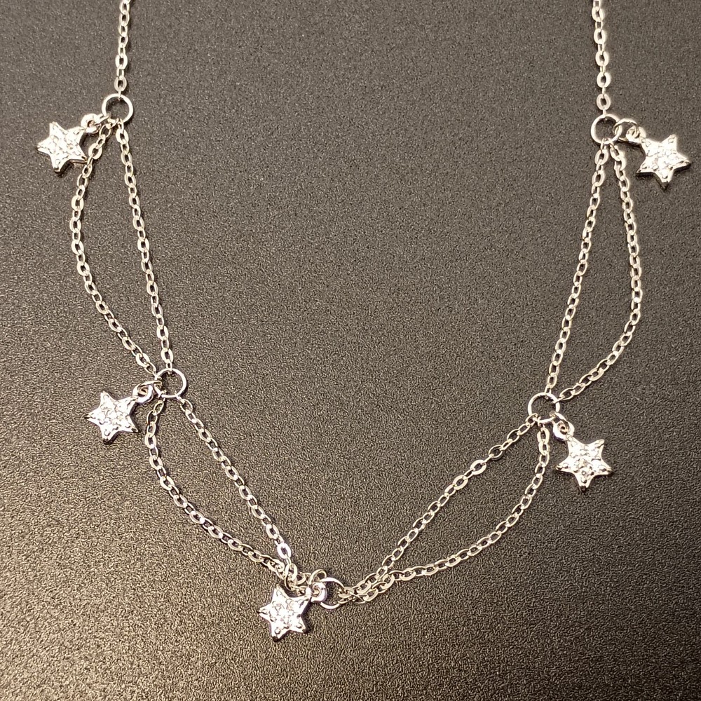 925 Sterling Silver Star Charm Choker Necklace Double Layer Chain 17