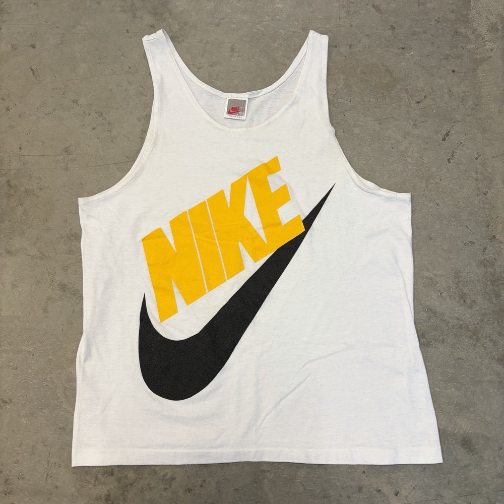 Vintage 90s Nike Tank Top White USA Made Big Swoosh Graphic Sleeveless Sz Medium