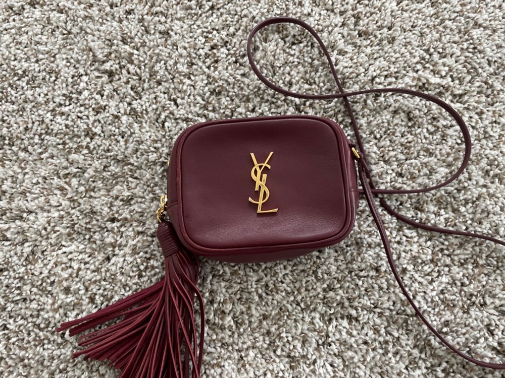 Saint Laurent Small Burgundy Patent Envelope Clutch with Metal Logo