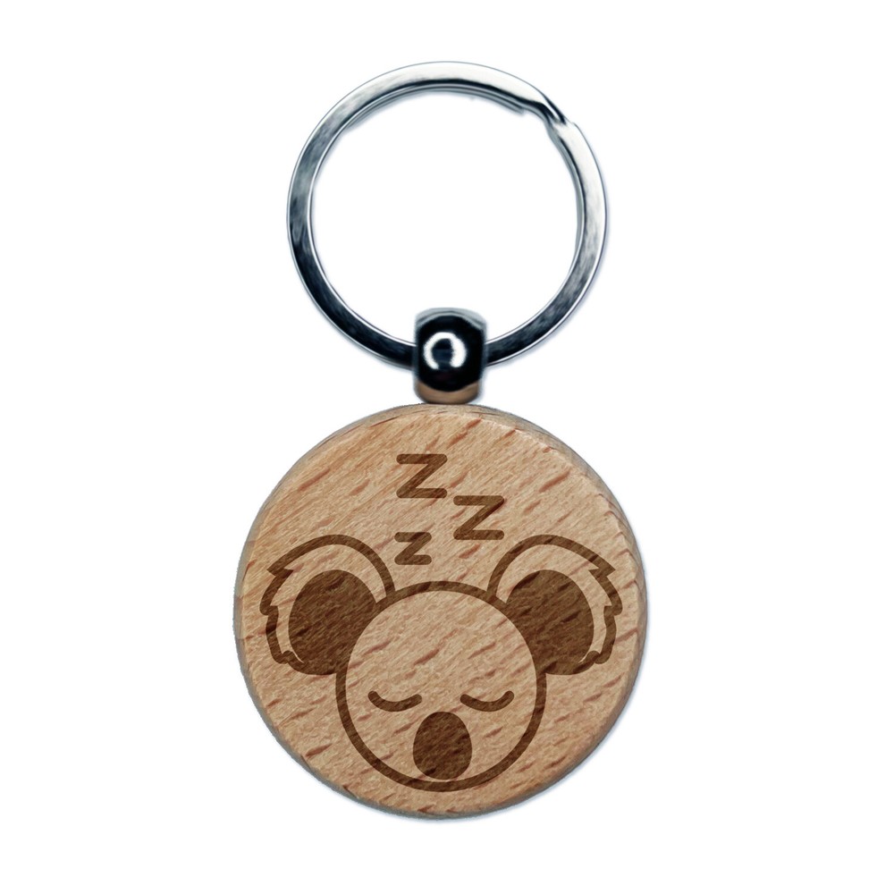 Sleepy Koala Head Engraved Wood Round Keychain Tag Charm