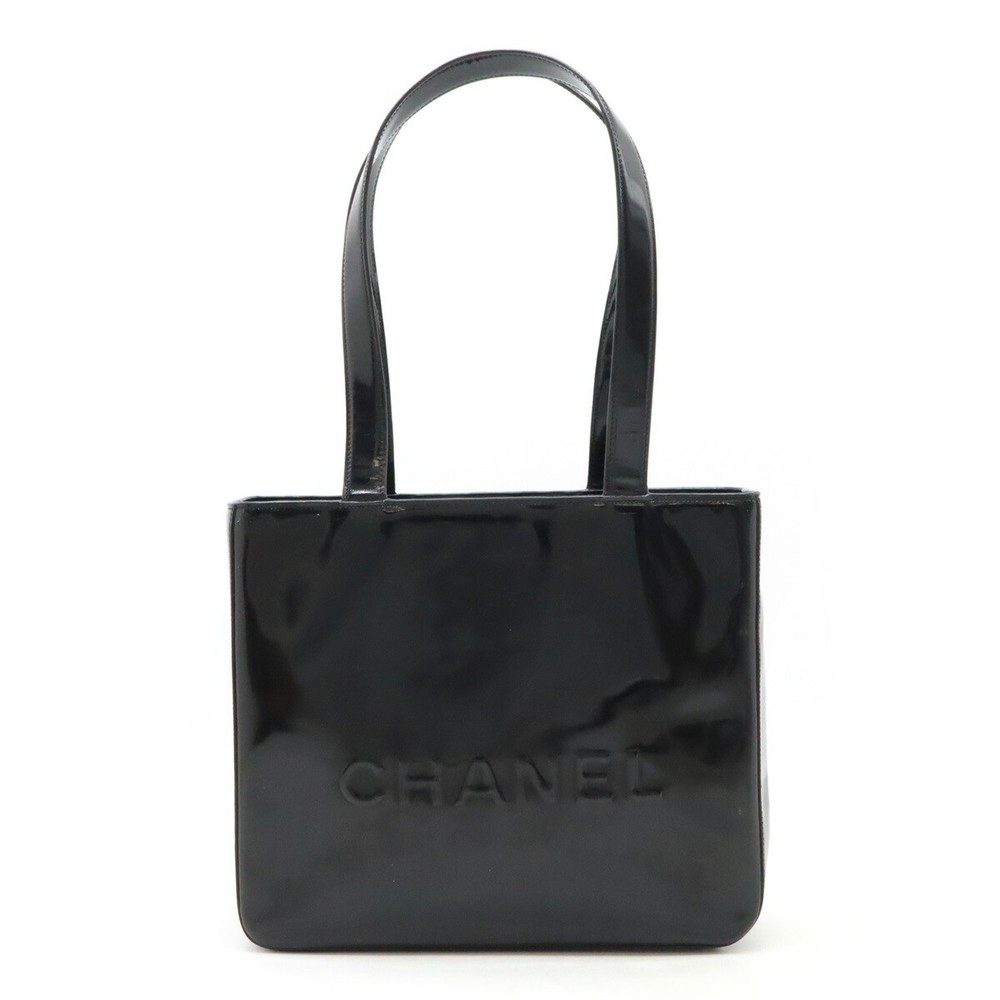 Chanel Black Enamel Patent Leather Logo Tote Shoulder Bag Preowned Compact