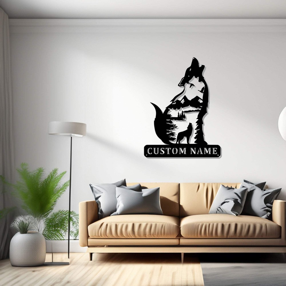 Custom Howling Wolf Metal Wall Art Personalized Wolf Name Sign Decoration For Ro