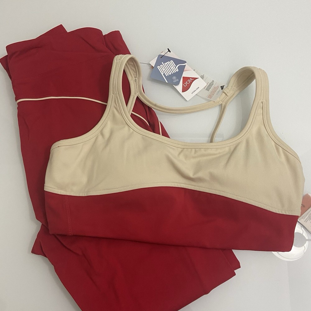 NWT Mono B Red Tan Compression Workout Set Full Length Large Keyhole Bra