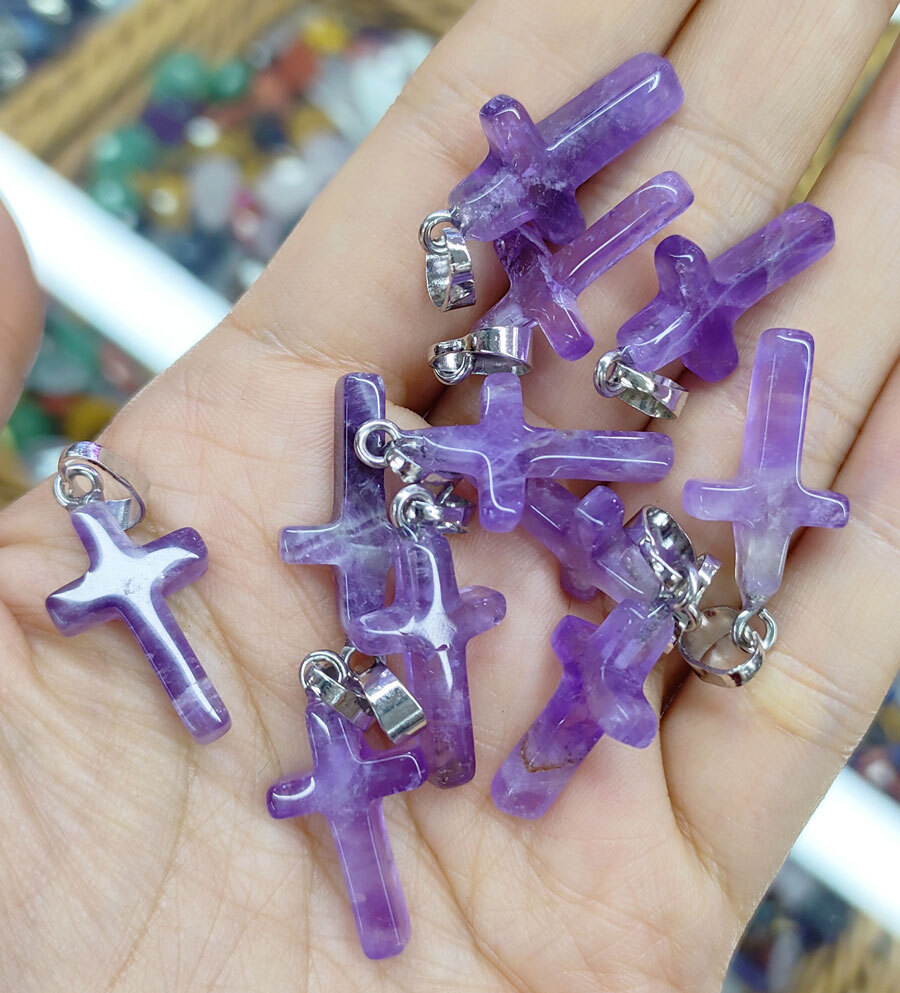 10pcs Natural Amethyst Gems Cross Pendants Amulet  stainless steel