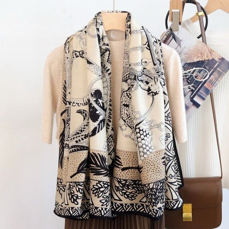 70% Cashmere 30% Silk Jewelry Print Square Scarf Hand Rolled Shawl 135cm