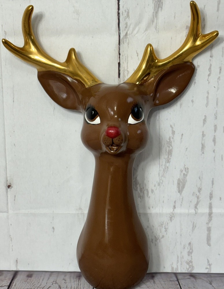 Vintage Christmas Ceramic Rudolph The Red Nosed Reindeer Wall Decor 16”H X 12”W