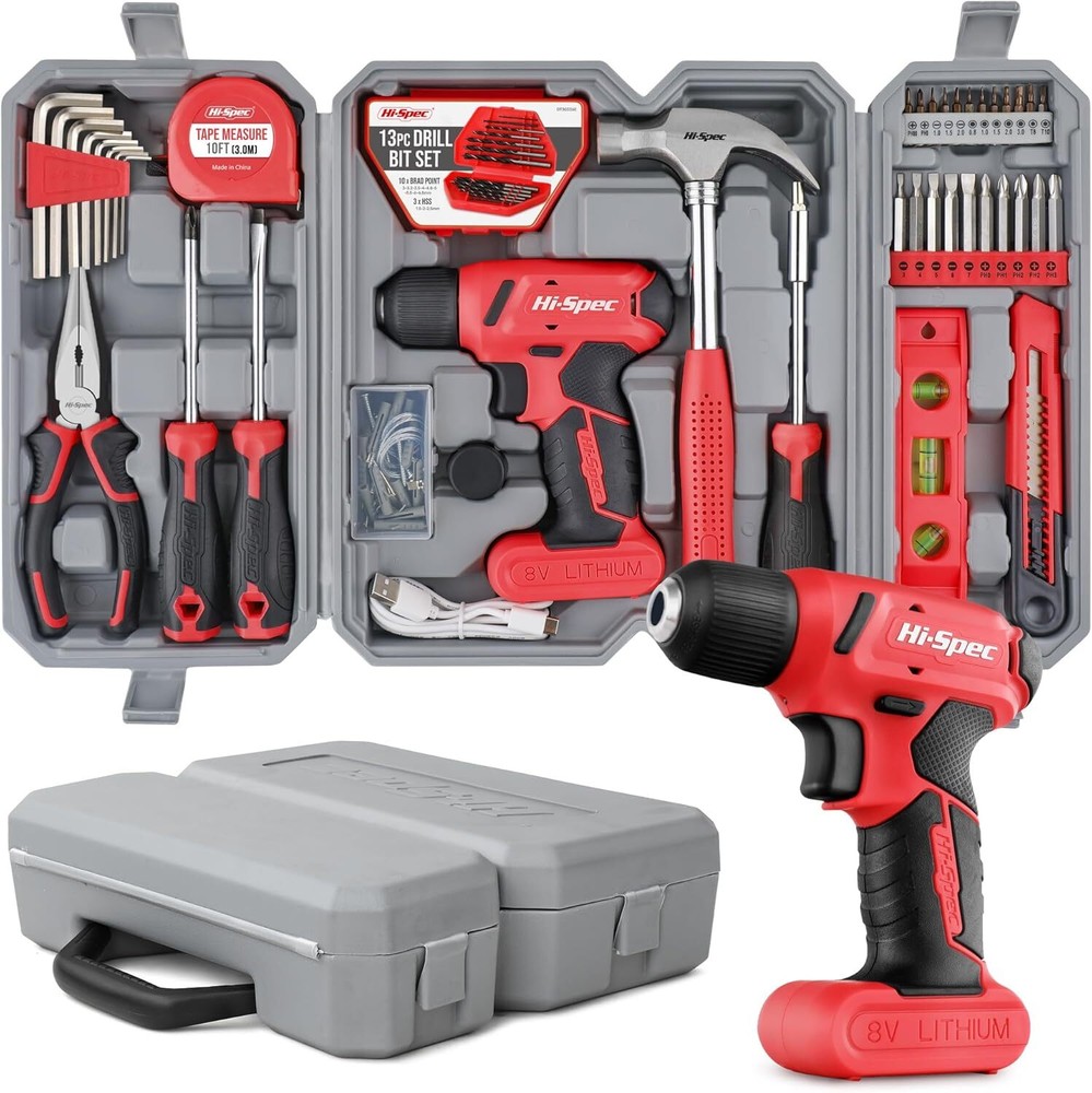 Hi-Spec 58pc Red 8V Electric Drill Driver & Household Tool Kit Set. A 8V,