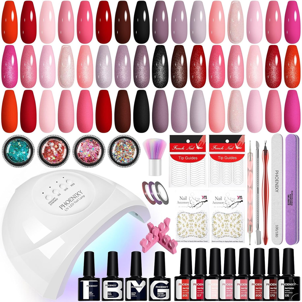 40-Piece Gel Nail Polish Kit with UV Light in Pink, Red & Black Colors