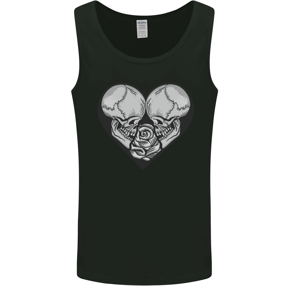 Two Skulls a Heart and Rose Gothic Goth Love Mens Vest Tank Top