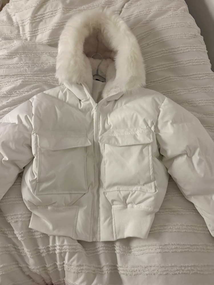 Women's White Winter Bomber Jacket with Fur Hat - Warm Size M Excellent Condition