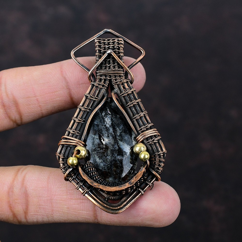 Christmas Sale Oval Astrophyllite Stone Anniversary Wire Wrapped Pendant Copper-image