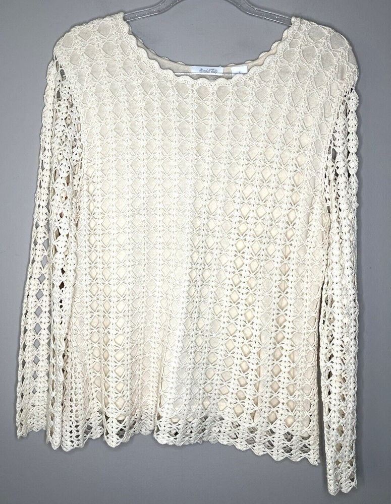 Vintage MARSHALL FIELDS Women's Crocheted Lined Sweater Sz LG Sheer Long Sleeves