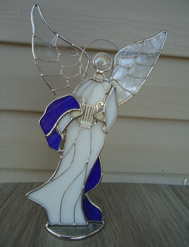 Blue and White Stained Glass Angel Tealight Holder 9.5 Inches Playing READ Design