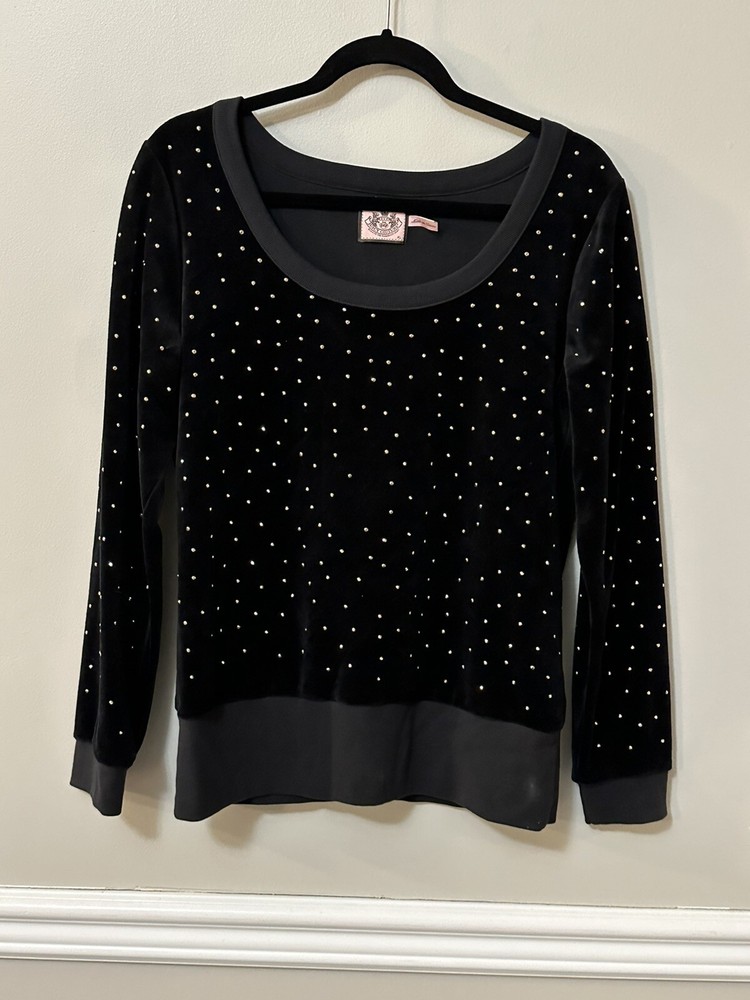 Juicy Couture Womens Black Velvet Studded 90s Scoop Neck Sweater XL YSK
