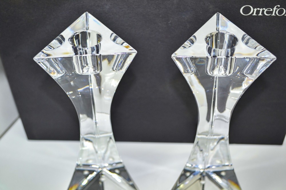 NOS Orrefors Triangel Full Lead Crystal Candle Holder Set 7-1/8 Inch Elegant
