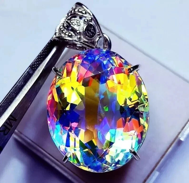 Natural Oval Mystic Topaz 98.15 Ct Rainbow Pendant in 925 Solid Silver