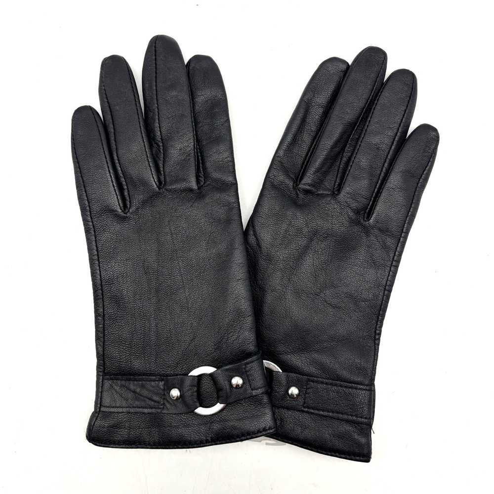Black Genuine Leather O-Ring Stud Wrist Gloves for Women