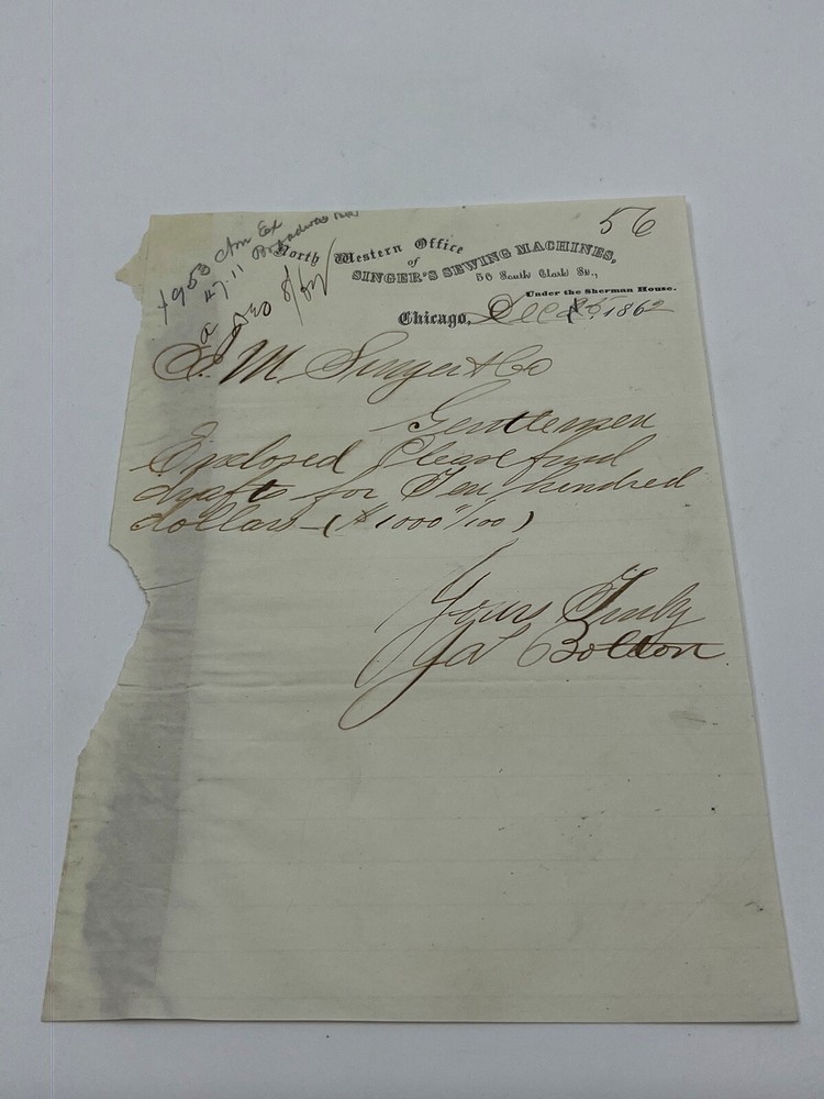 James Bolton Singer Sewing Machine Inventor 1860 Letter j2f1c *169