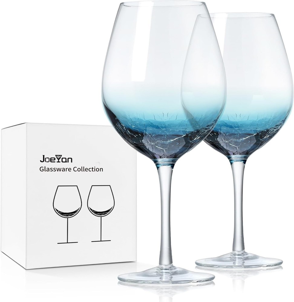 Handmade Blue Crackle Stemmed Wine Glass in Large Burgundy Crystal