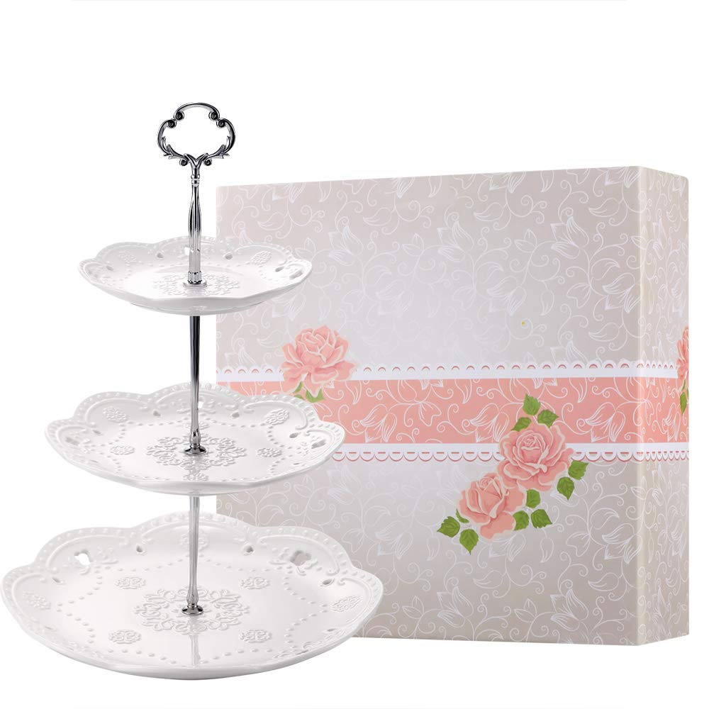 Elegant White 3-Tier Embossed Porcelain Cupcake Stand for Desserts