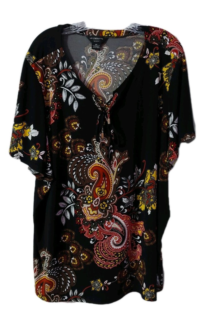 Liz Claiborne Career Womens Blouse Size 3X Color Black Paisley  Shirt Floral