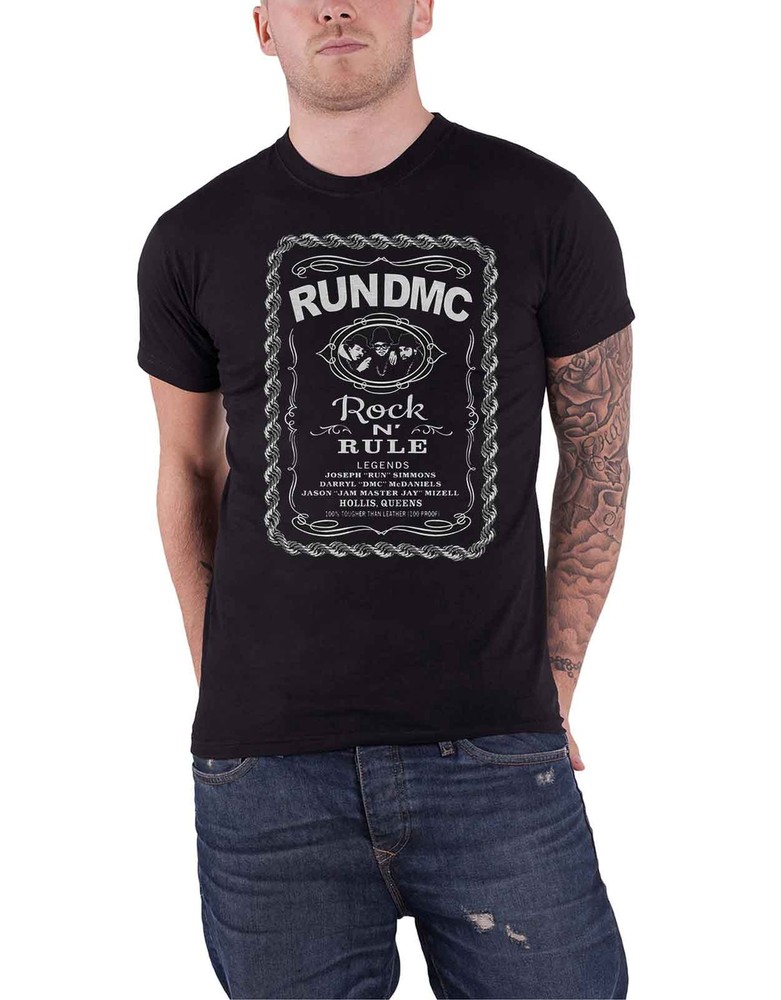 Run DMC Official Rock N Rule Whiskey Label Band Logo Men's Black T-Shirt