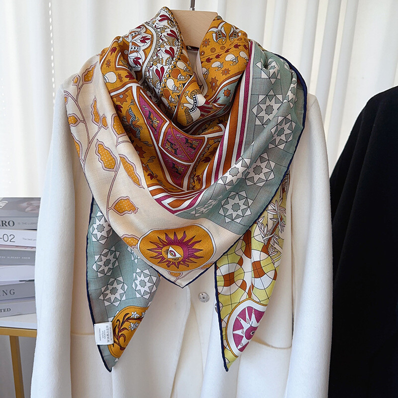 New Spring Boutique Double Sided Silk & Wool Shawl Large Scarf Wrap Printed 53‘
