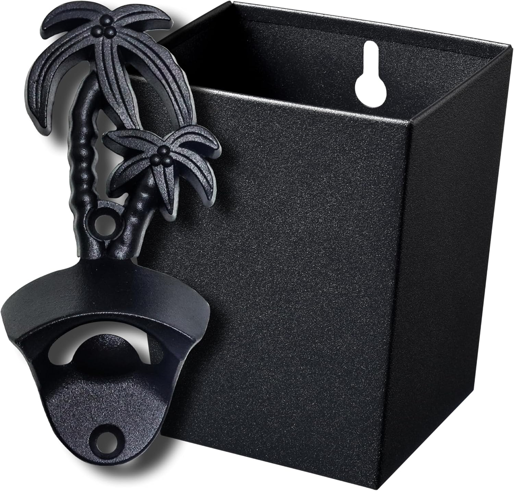 Black Palm Tree Beer Opener Wall Mounted Bottle Cap Opener with Cap Catcher Drai