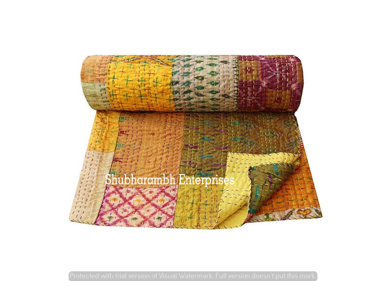 Patchwork Yellow Silk Kantha Quilt Bohemian Blanket Hippie Bedding Bedspread