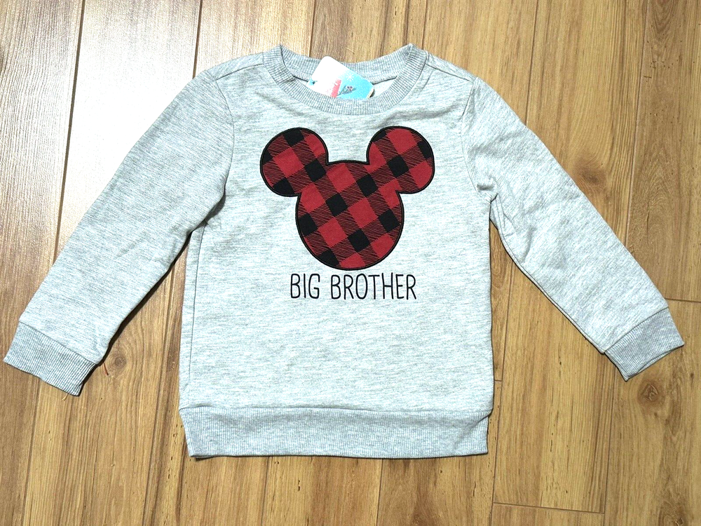 NWT Disney Mickey Mouse BIG BROTHER Sweatshirt Holiday  Boys Size 4 Plaid Gray