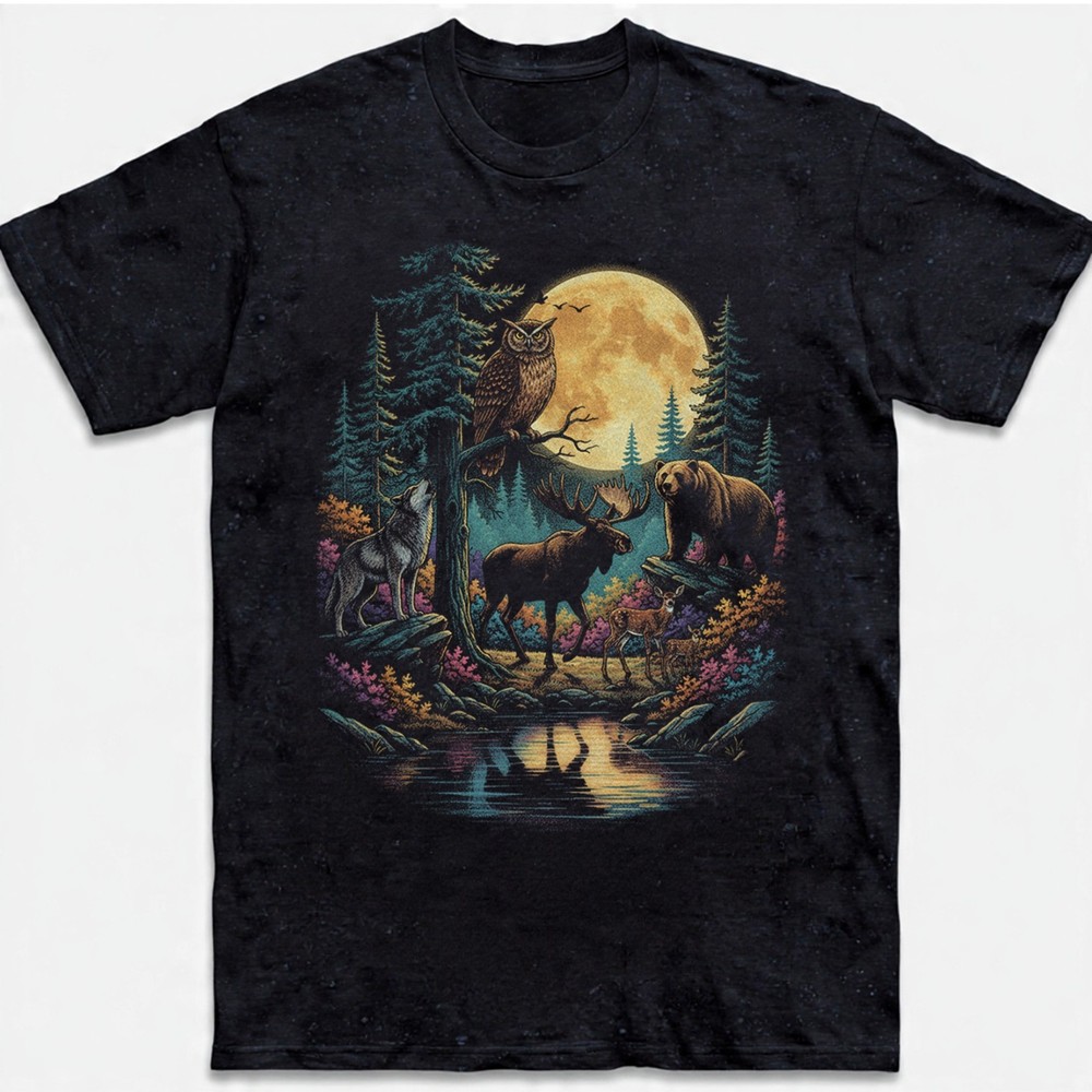 Forest Wildlife T-Shirt Moon Wolf Bear Moose Owl Nature Vintage Graphic Tee