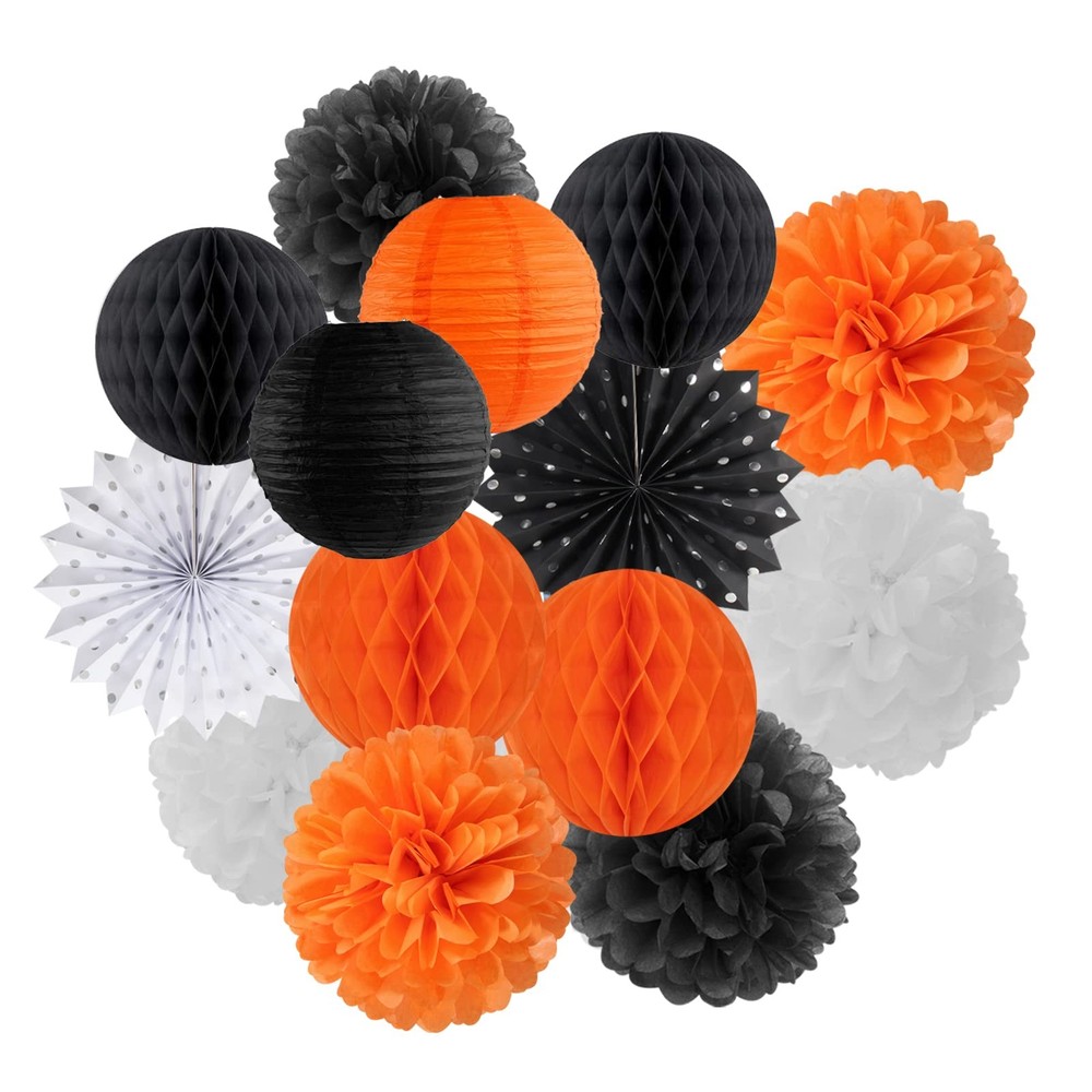 Vibrant Orange & White Halloween Party Decor Kit - 14pc Paper Lanterns & Tissue Fans