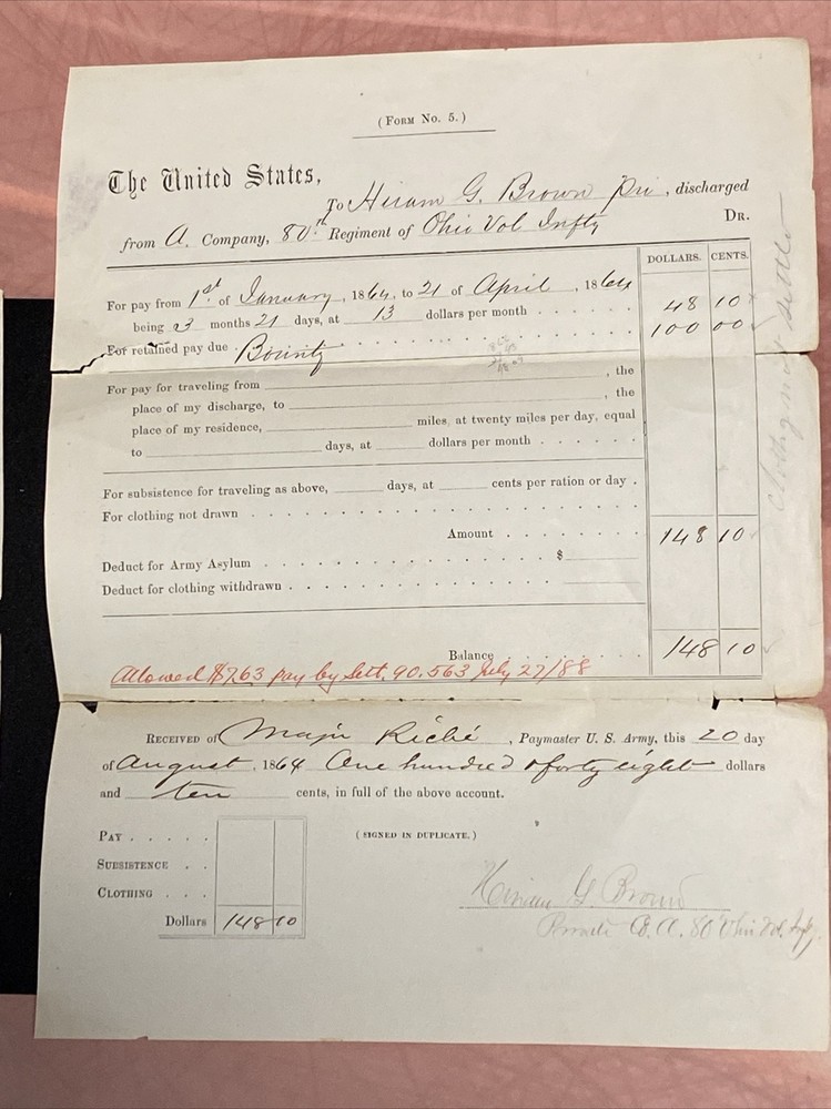 2 PC Civil War Final Pay Voucher Stub & Reimbursement April 1864-image