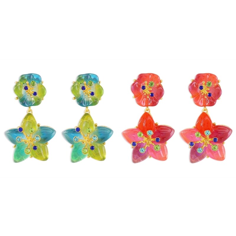 Geometric Flower Resin Ear Studs in Green Unique Dangle Earring Star