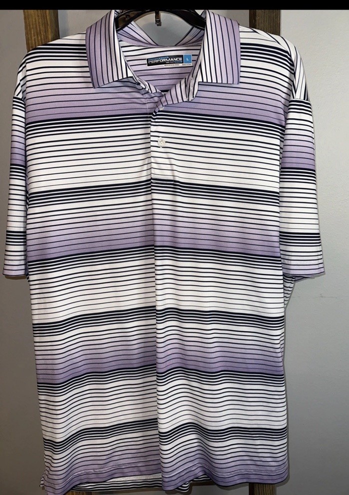Roundtree & Yorke Performance Polo Shirt Men’s Large L Purple White Striped Golf