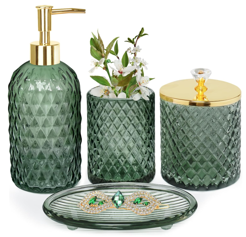 Sage Green Glass 4pc Bathroom Set with Dispenser Soap Holder and Tray