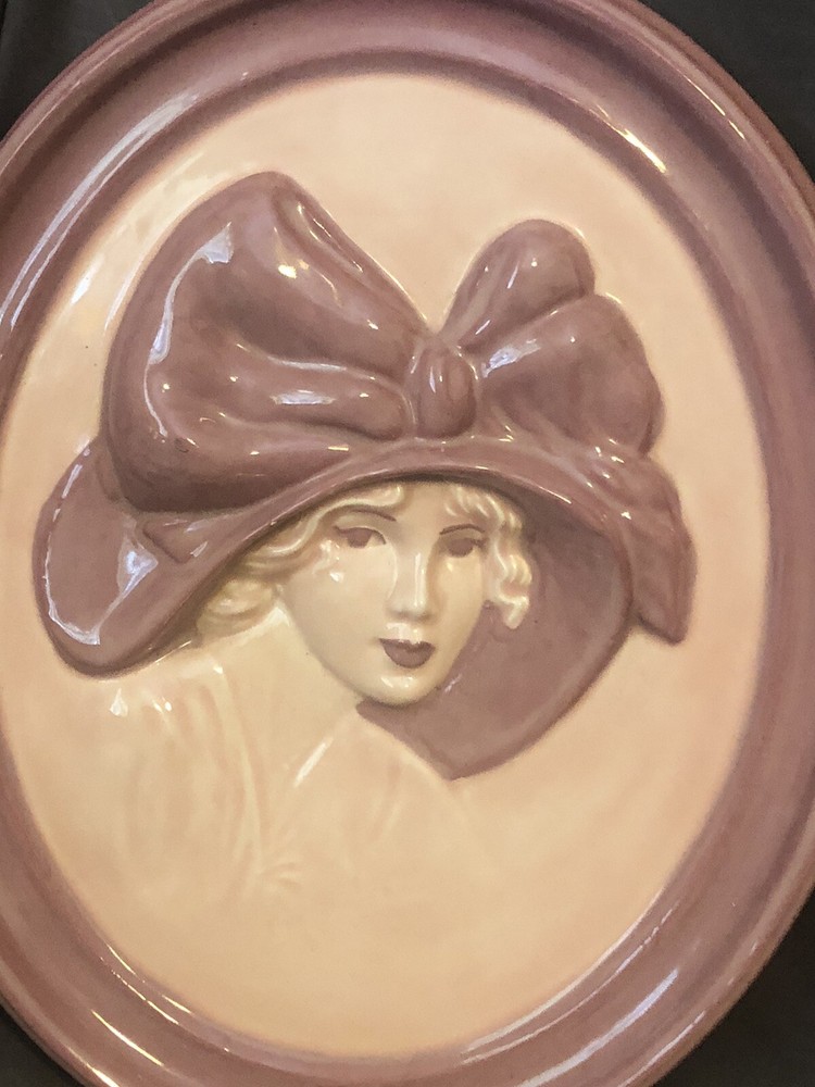 Vintage Hand-Painted Emma Tilliland Duncan Ceramic Cameo Lady with Big Bow Hat
