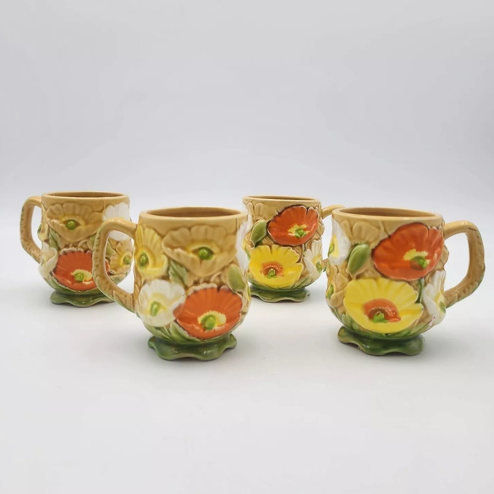 Vintage Mid-Century Fred Roberts Poppy Yellow Orange Coffee Mugs Set of 4