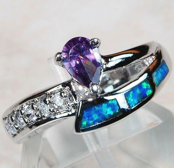 1CT Amethyst & Australian Opal Inlay 925 Solid Sterling Silver Ring Sz 8 BA4