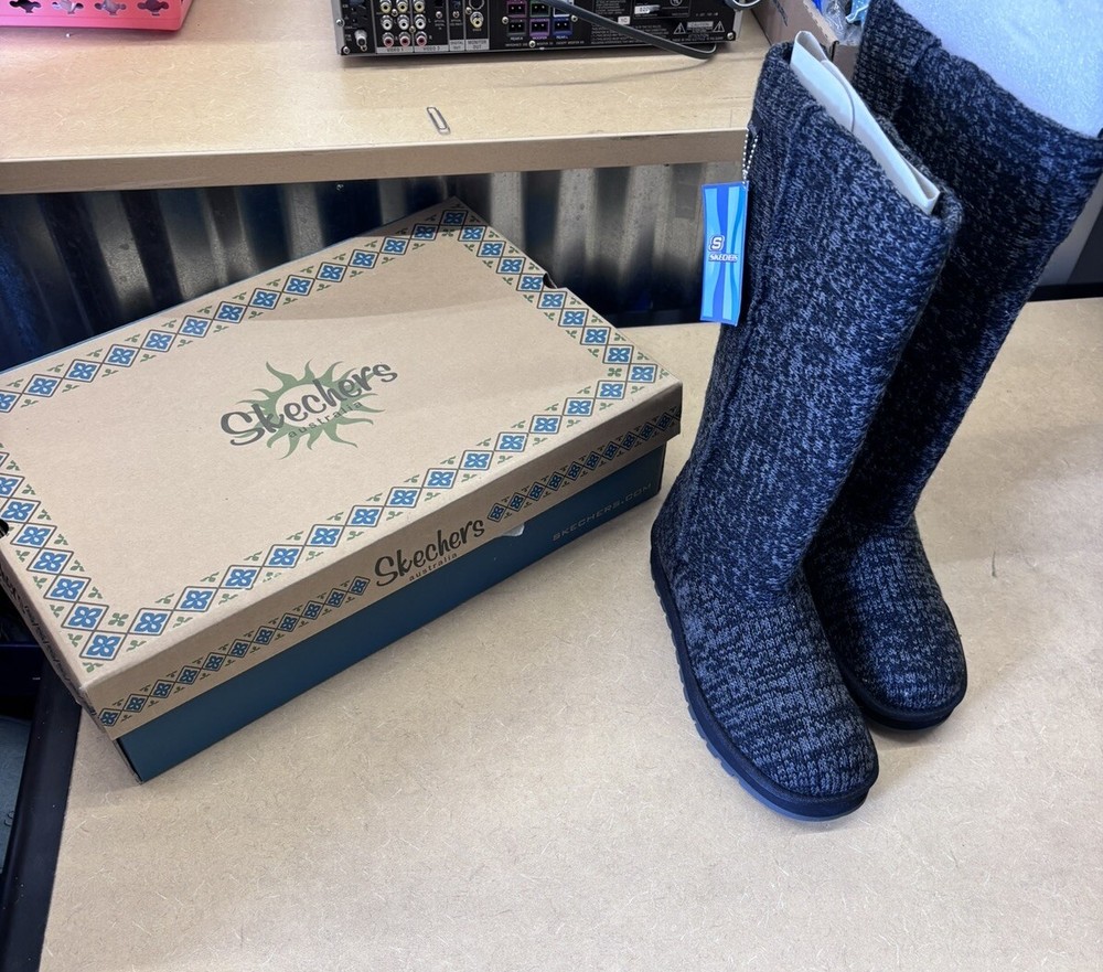 Skechers Winter Boots Womens 9 Sweater Knit Black Mid Calf Comfort Logo 46987