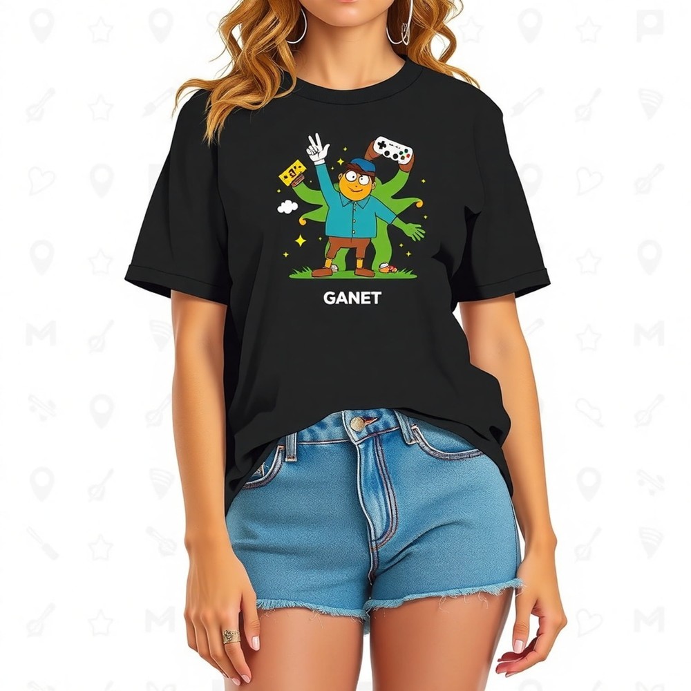 Playful Cartoon Graphic T-Shirt with Multi-Armed Gamer ing Enthusiasts