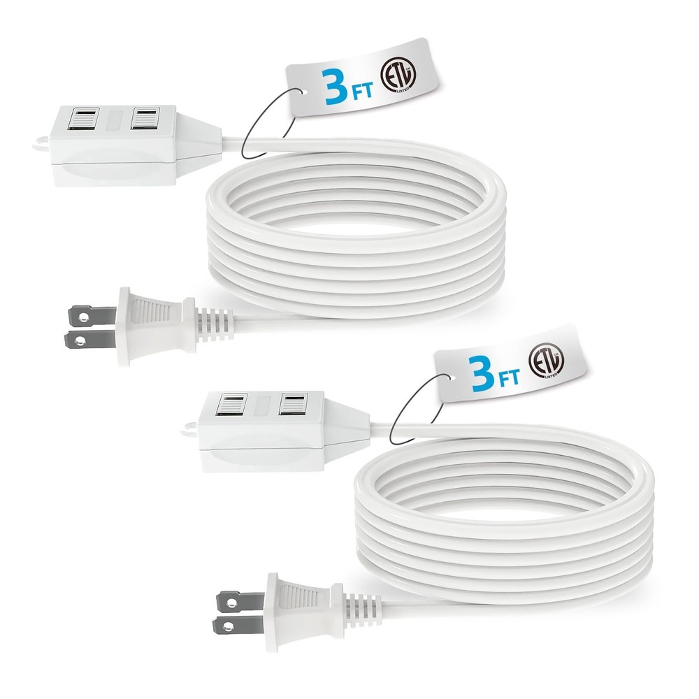 TiFFCOFiO Indoor Extension Cord, 2 Prong 3 Feet 3FT 2 Packs, white