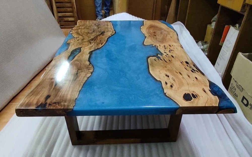 Blue Epoxy Coffee Dining Table Top Live Edge Art Wooden Handmade Furniture