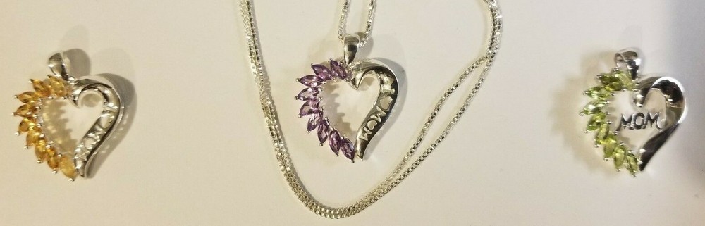 Mothers Day Sterling Silver Heart Pendant with Peridot Citrine Amethyst  -image