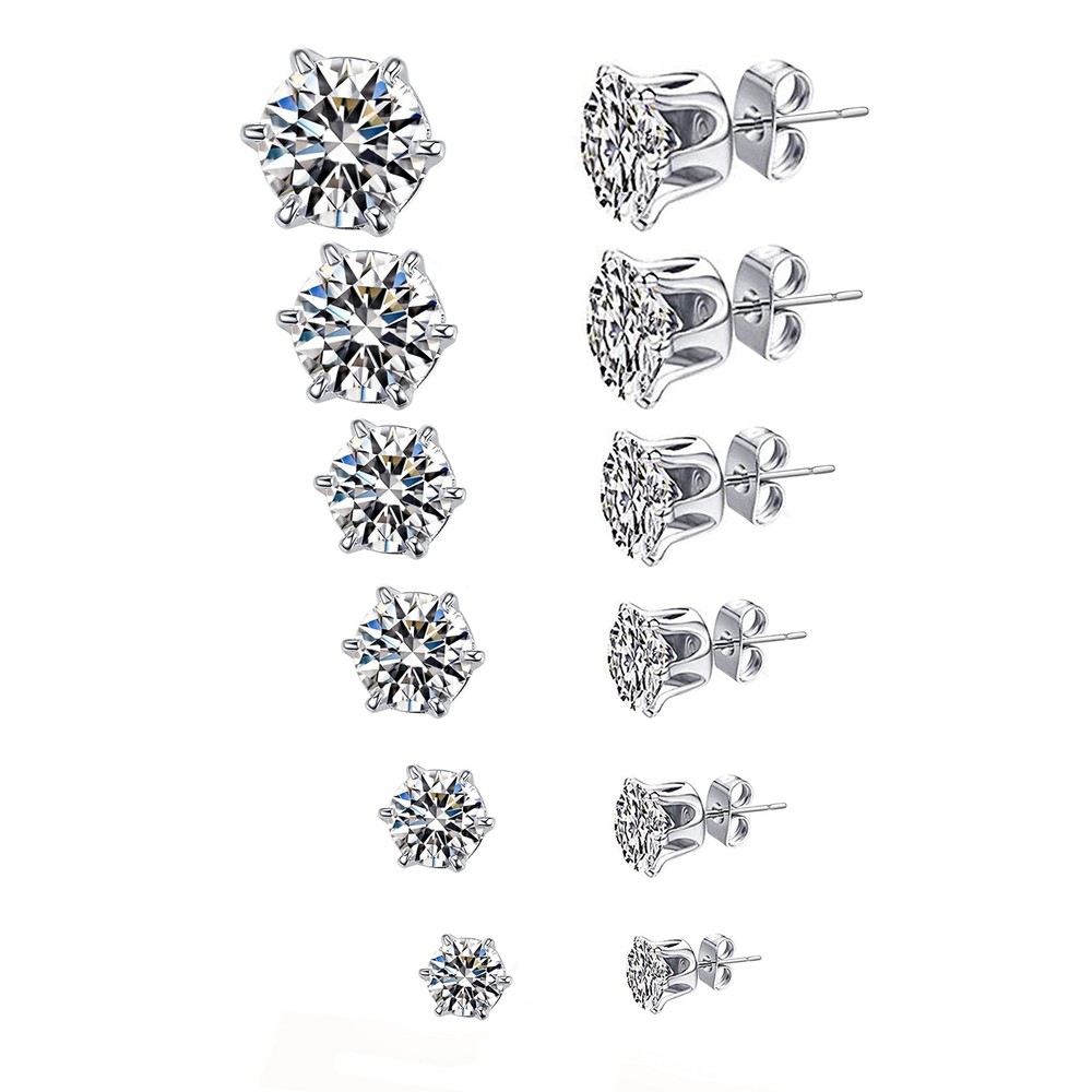 6 Pairs Stud Earrings Set, Hypoallergenic Clear Cubic Zirconia 316L Earrings Sta