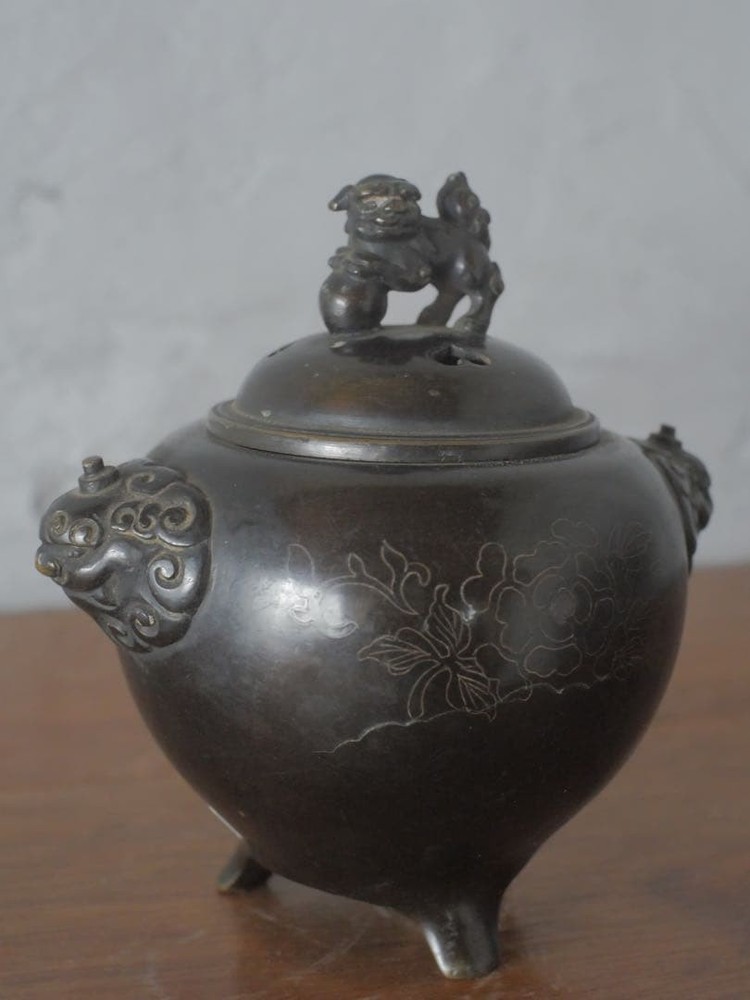 Bronze Incense Burner 7.5 inch Foo Dog Lion Vintage Japanese Censer Figurine