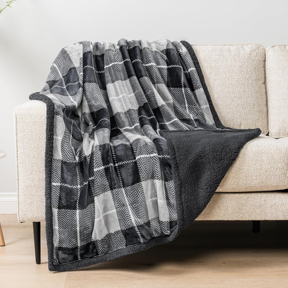 Cozy Charcoal Grey Sherpa Fleece Throw Blanket for Sofa & Bed