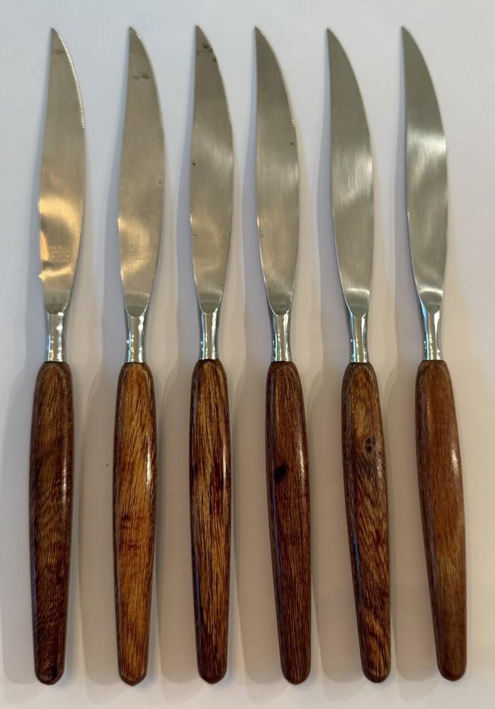6-Piece Peaso Wood & Silver Steak Knife Set, German-Made MCM Design