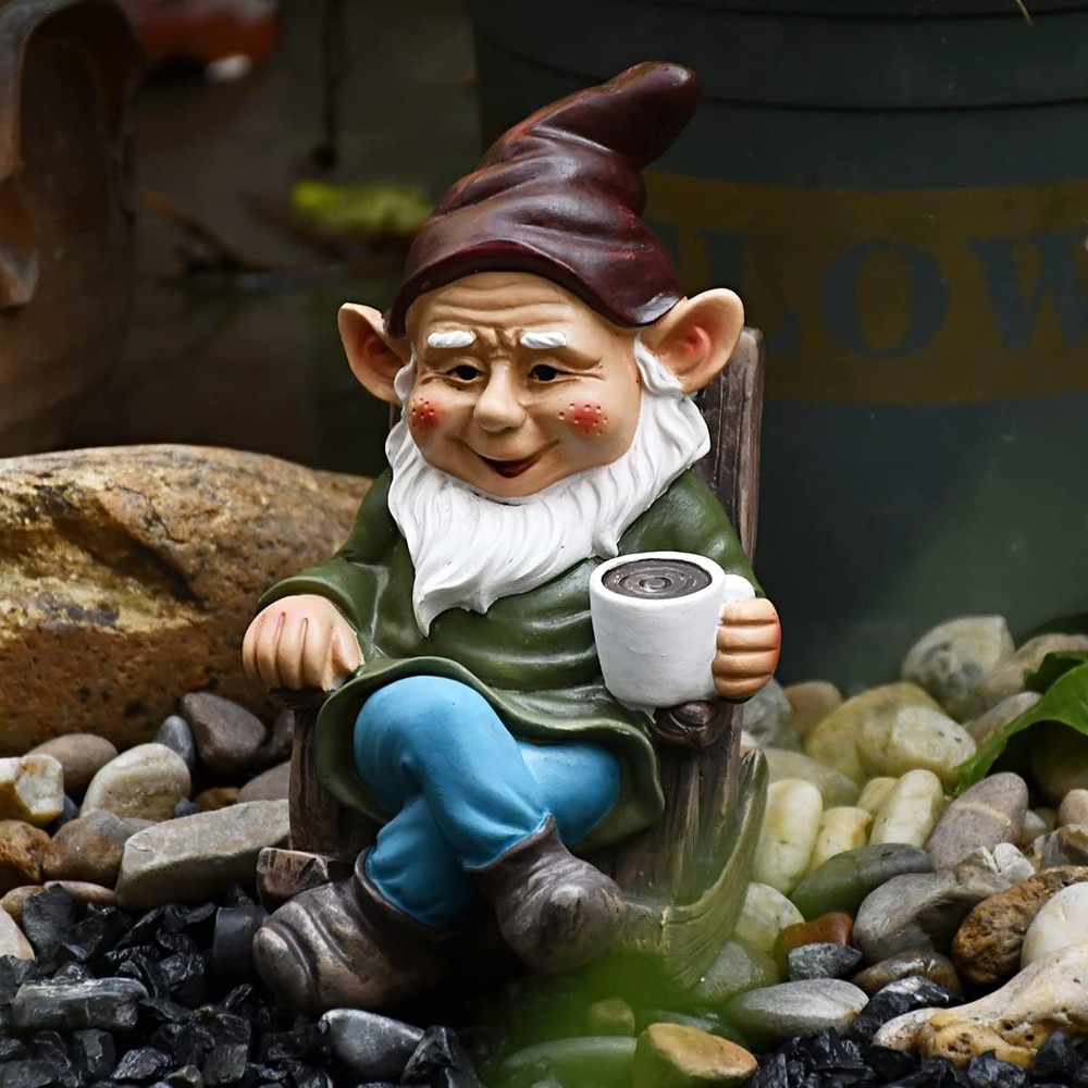 OwMell Drinking Coffee Garden Gnome Statue Decoration 7.3
