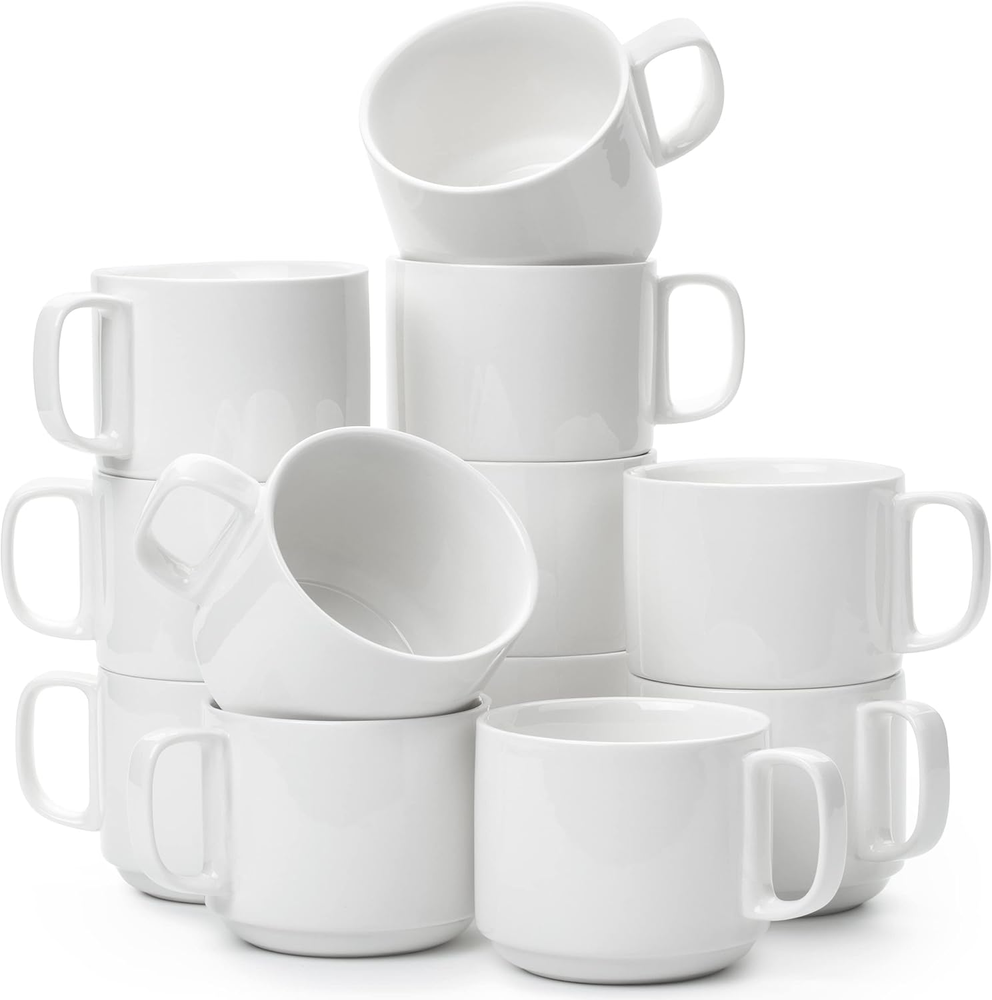 Btat- Stackable Coffee Mugs, White, 12 Pack, 12 Oz (350 Ml), Porcelain Coffee Mu